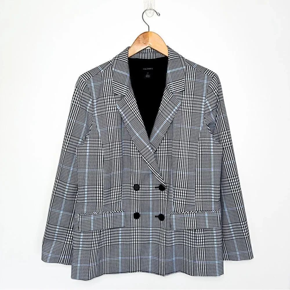 Halogen Women’s Double Breasted Small Checkered Windowpane Plaid Oversized Blaze